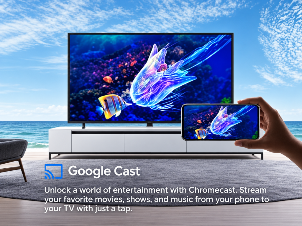 Smartphone casting entertainment to Sharp 4TC55JJ5000X 55-inch Google TV using Google Cast