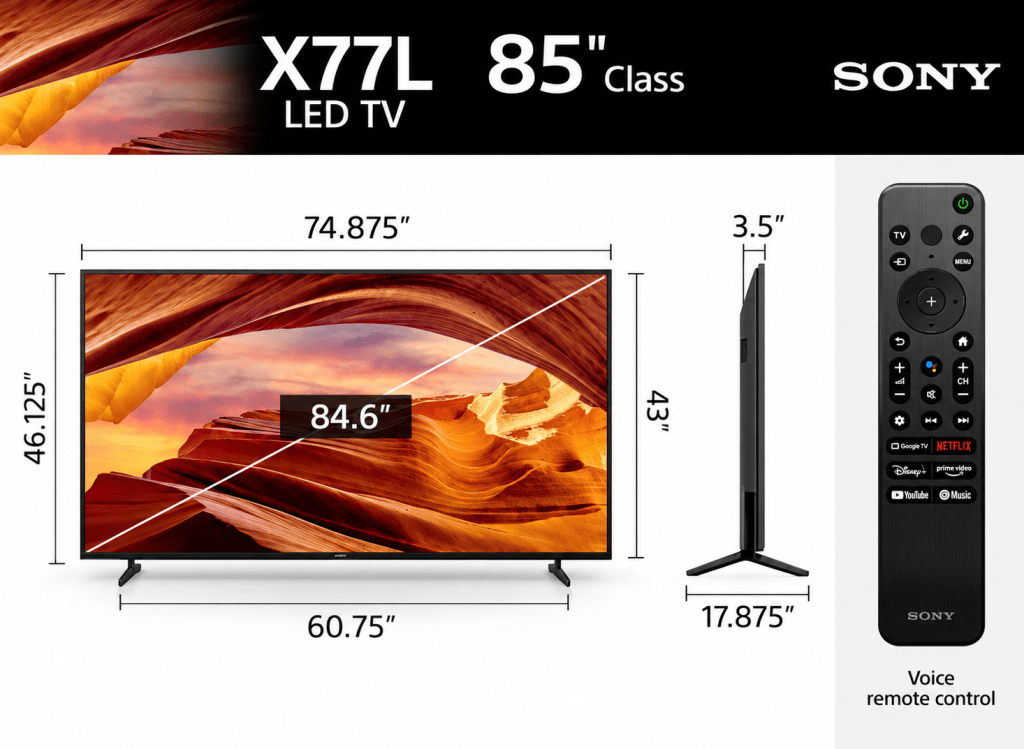 Sony X77L 85-inch LED TV dimensions with front and side views and Sony voice remote control