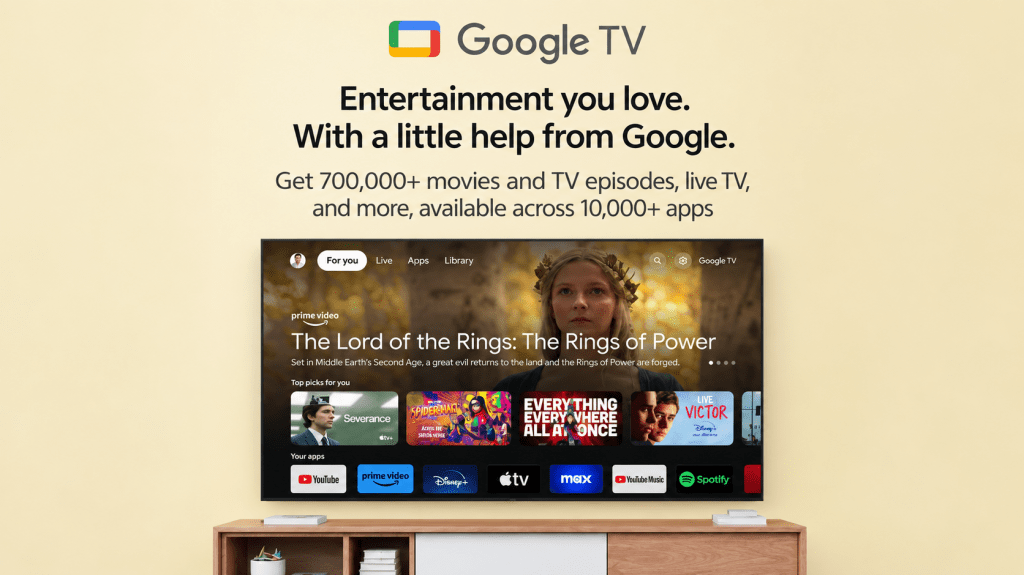 Sony X77L Google TV interface with movies, TV shows and streaming apps on a home entertainment screen