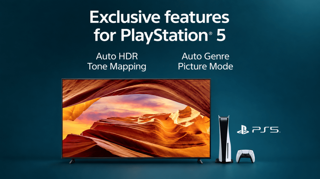Sony X77L TV with PlayStation 5 features including Auto HDR Tone Mapping and Auto Genre Picture Mode