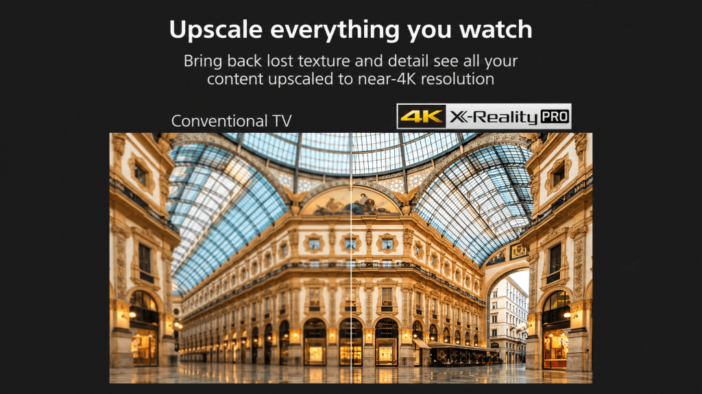 Sony X77L TV 4K X-Reality PRO comparison showing enhanced detail and near-4K upscaling