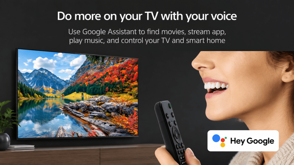 Woman using Google Assistant voice control with Sony X77L Google TV and remote