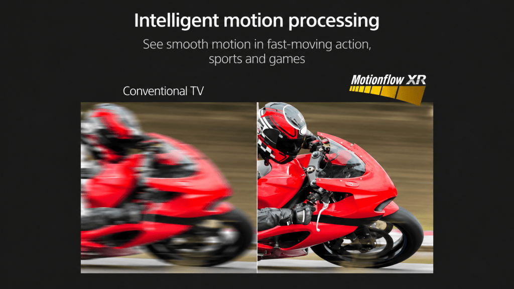 Sony X77L TV Motionflow XR comparison showing smoother motion for fast-moving sports and games