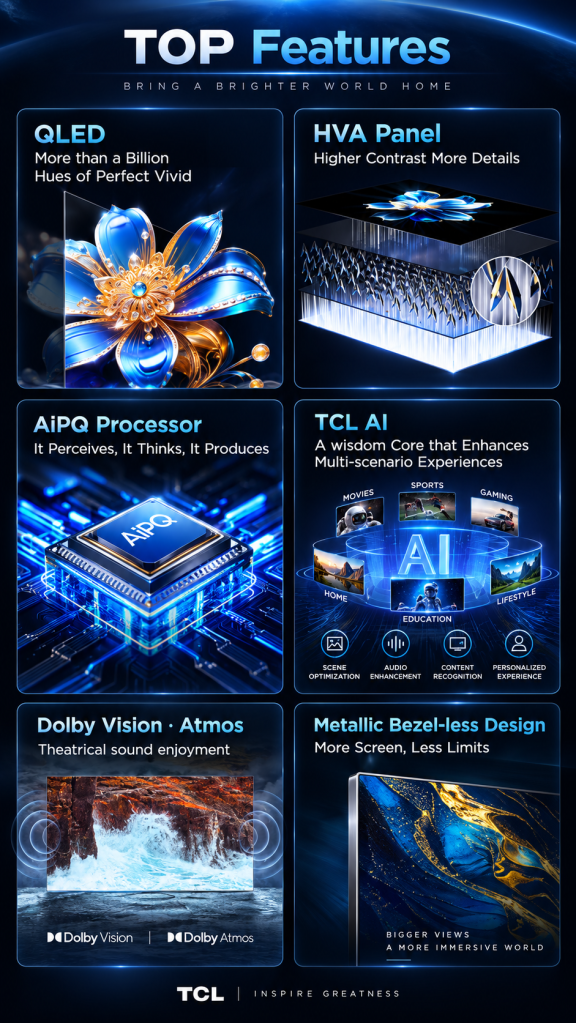 TCL QLED TV top features with QLED, HVA Panel, TCL AI, AiPQ Processor, Dolby Vision Atmos and bezel-less design