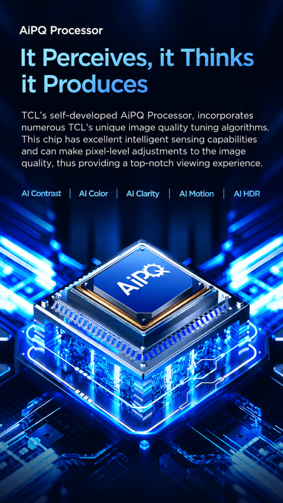 TCL AiPQ Processor with AI Contrast, AI Colour, AI Clarity, AI Motion and AI HDR picture enhancement