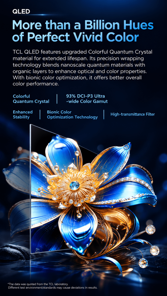 TCL QLED TV with Colorful Quantum Crystal technology for vivid colours and enhanced colour performance