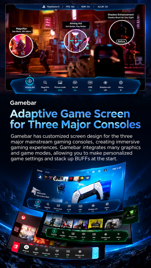 TCL Gamebar with adaptive gaming screen features for PlayStation, Xbox and Nintendo consoles