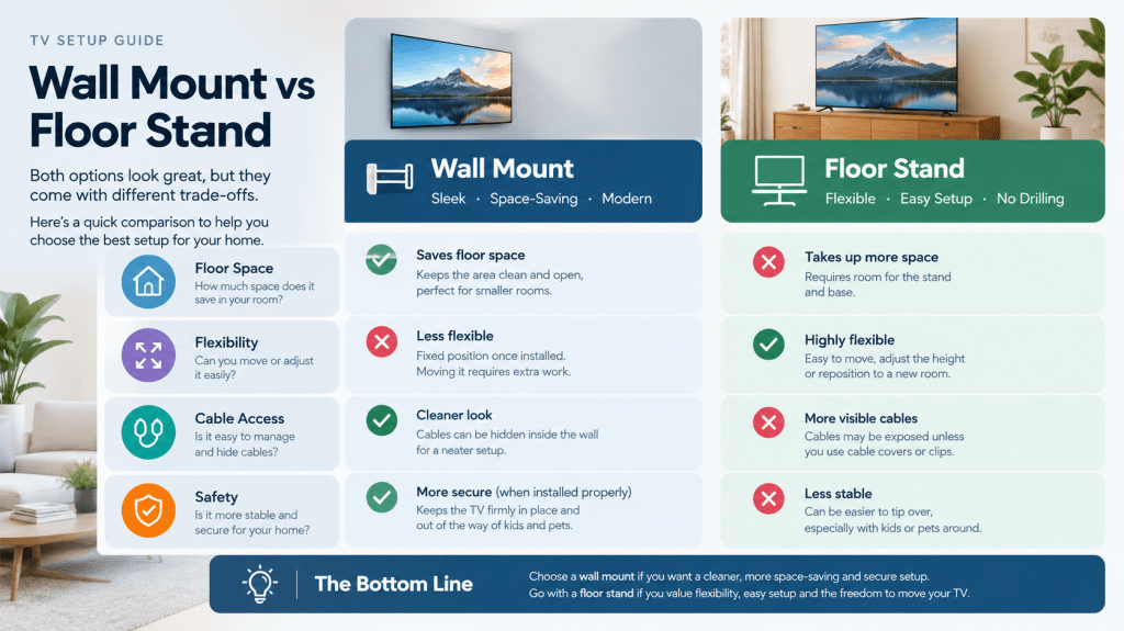 Infographic comparing TV wall mount and TV stand across space, flexibility, and safety.