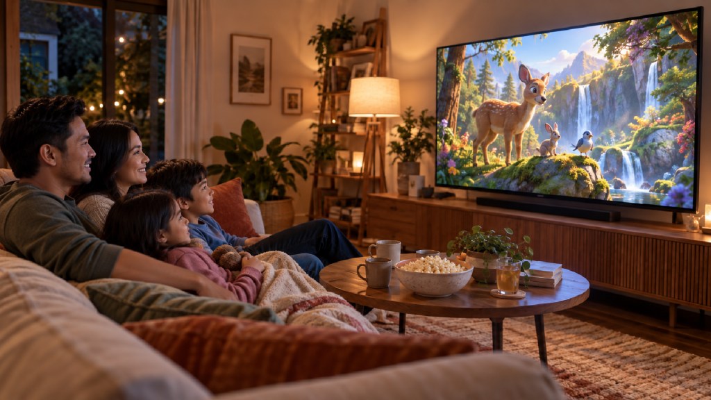 Family enjoying a movie night together in a cosy living room