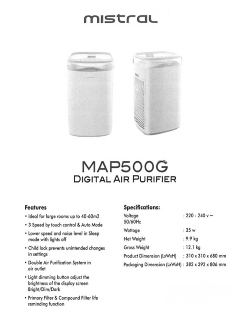 Close up of Mistral air purifier 3 speed by touch control and noise level in sleep mode