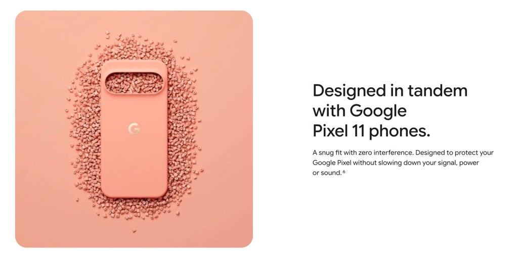 Google Pixel 11 case in coral surrounded by matching material pellets, highlighting its precise-fit design