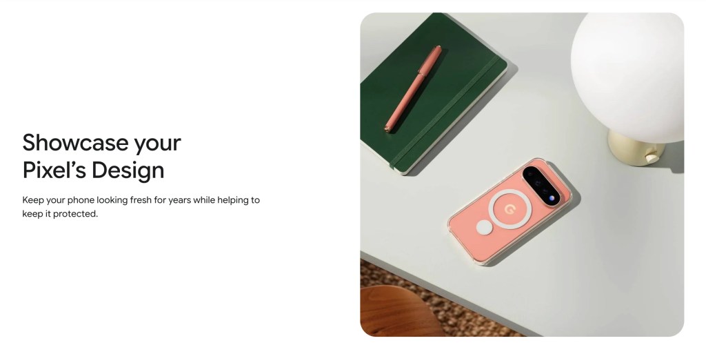 Google Pixel 11 phone in coral case on a modern desk beside a notebook and lamp
