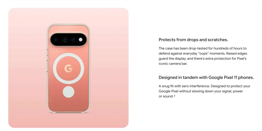 Google Pixel 11 phone in coral clear case with magnetic ring for protection and accessory compatibility