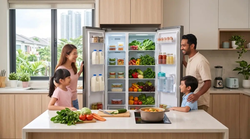 A Malaysian family of four gathered around an open 500L–600L side-by-side inverter refrigerator stocked with fresh groceries in a bright, modern kitchen.