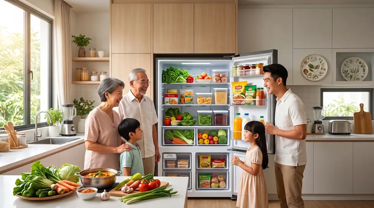 Multi-generational Malaysian family admiring a fully stocked 700L+ refrigerator, demonstrating the best large fridge choice for big families.