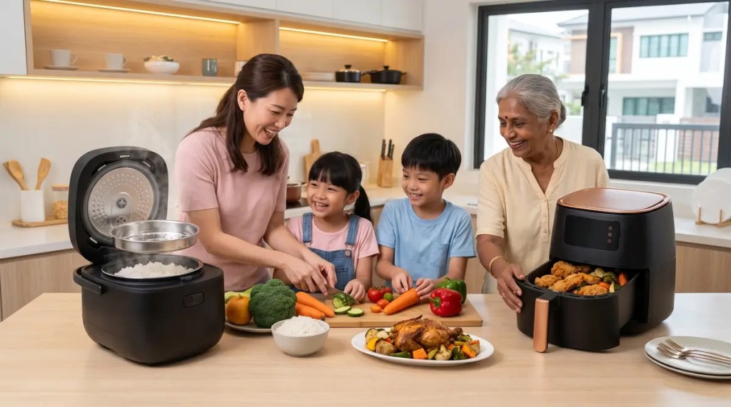 A happy multi-generational family cooking healthy meals together in a modern kitchen using a low-sugar digital rice cooker and an oil-free air fryer.