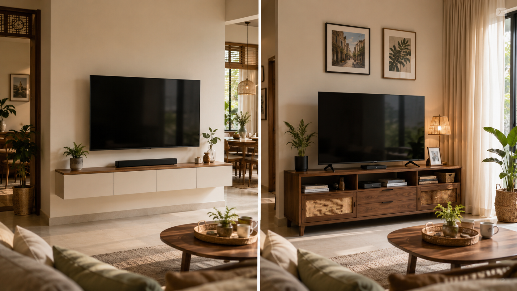 Living room comparison showing a wall-mounted TV setup beside a TV stand setup.