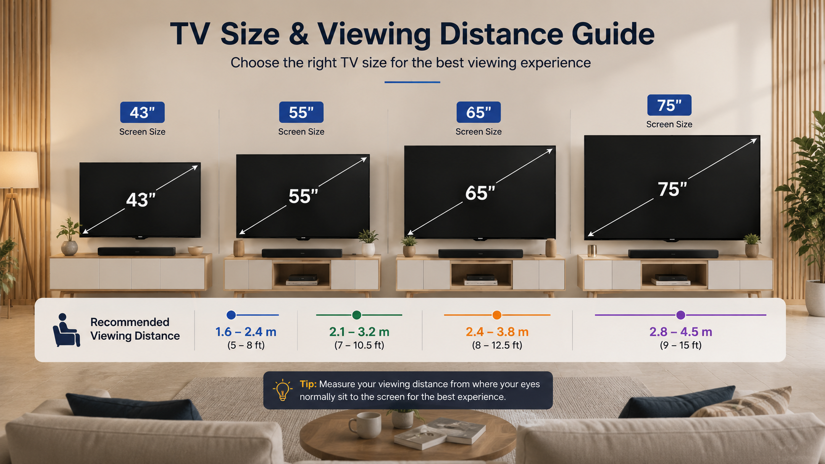 TV screen size comparison chart showing 43-inch, 55-inch, 65-inch, and 75-inch sizes with recommended viewing distances