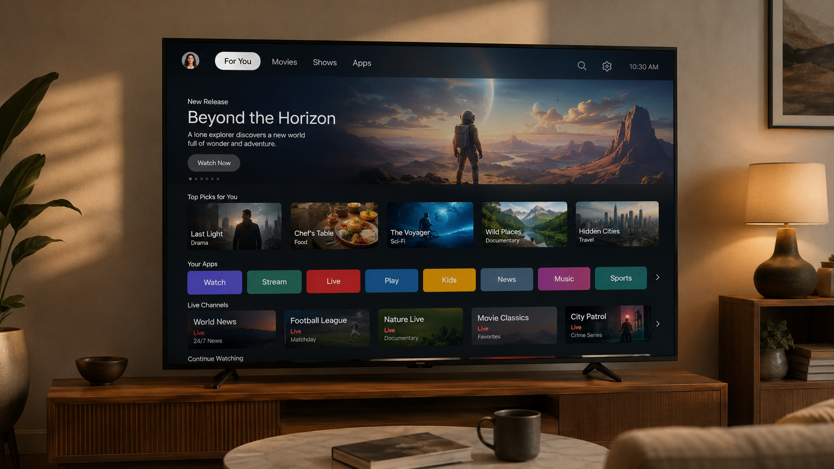 Google TV smart interface home screen showing organised streaming apps and content recommendations