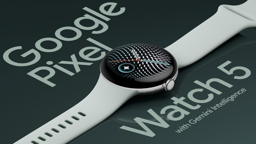 Google Pixel Watch 5 smartwatch with a round display, light-coloured strap and Gemini Intelligence branding.