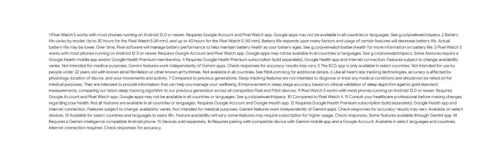 Google Pixel Watch 5 product information covering battery life, health features, Gemini Intelligence and usage requirements.