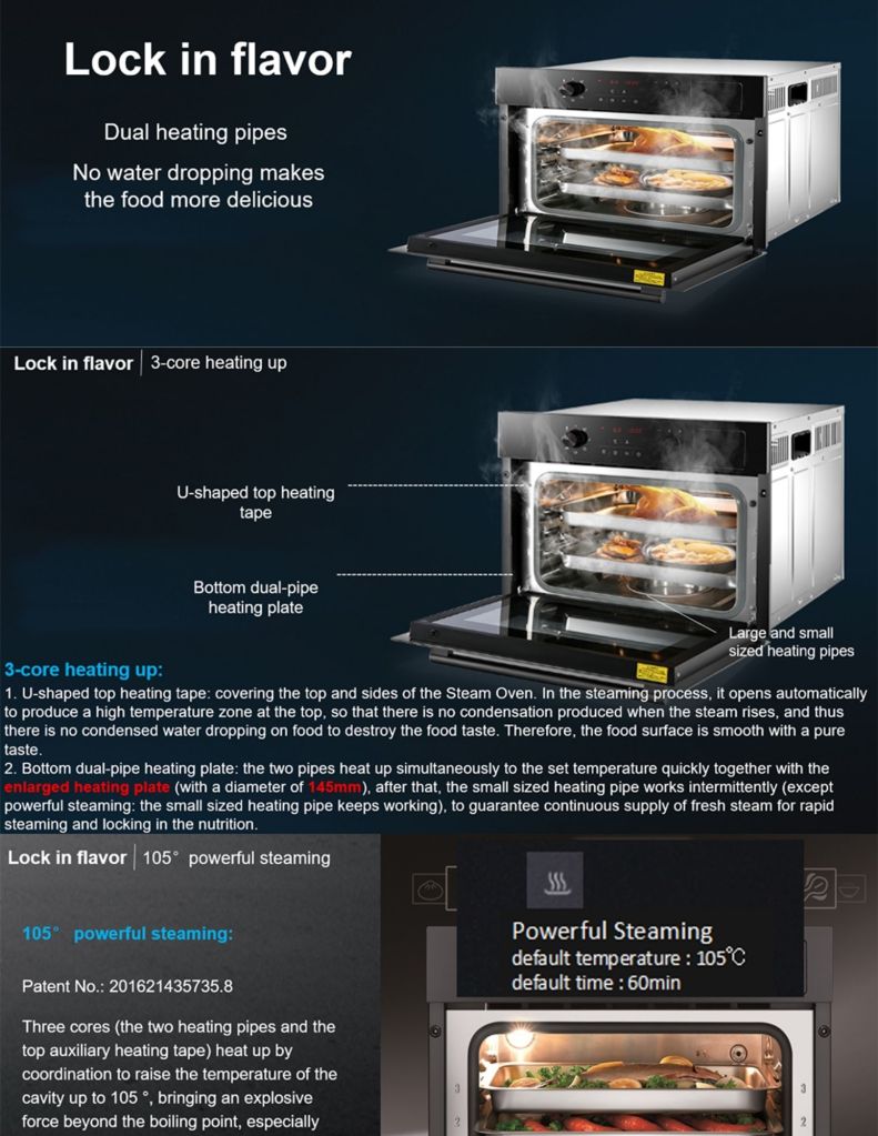 Close up of robam 40L built-in steam oven 3-core heating-up