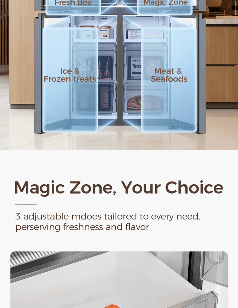 Close up of Haier 610L Multidoor Refrigerator 3 adjustable mode tailored