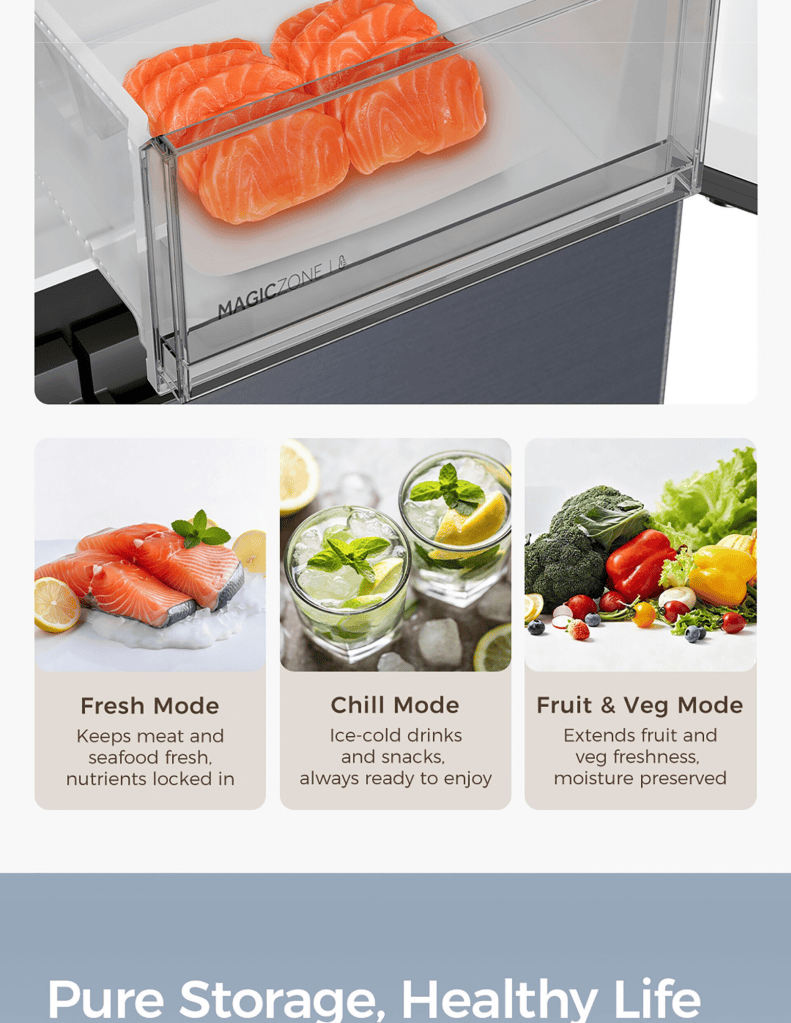 Close up of Haier 610L Multidoor Refrigerator fresh mode, chill mode, fruit and veg mode