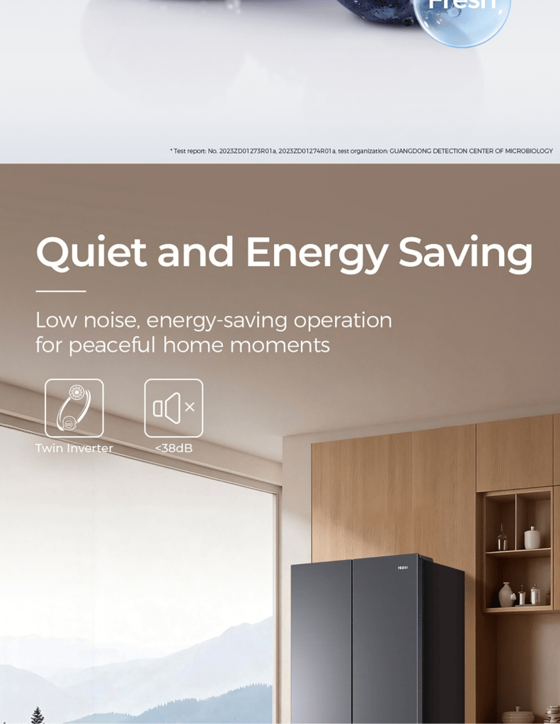 Close up of Haier 610L Multidoor Refrigerator quiet and energy saving