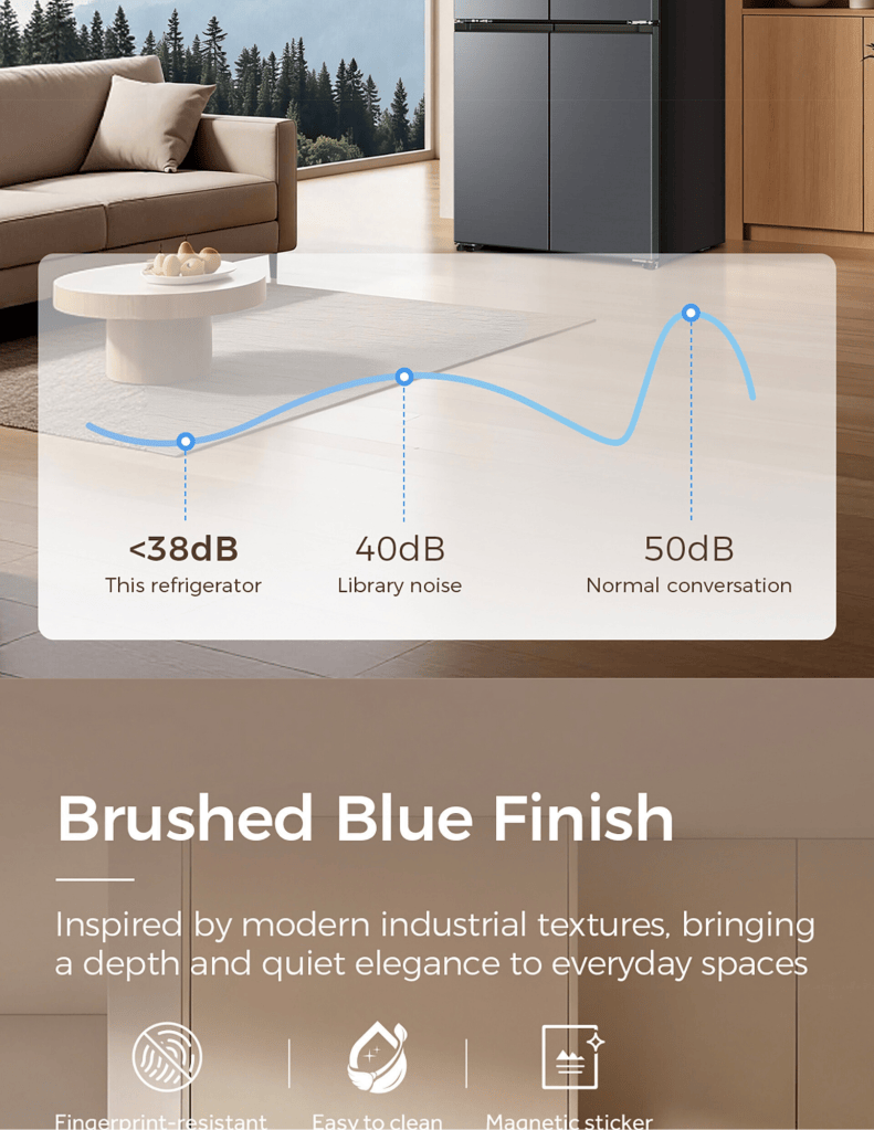 Close up of Haier 610L Multidoor Refrigerator brushed blue finish