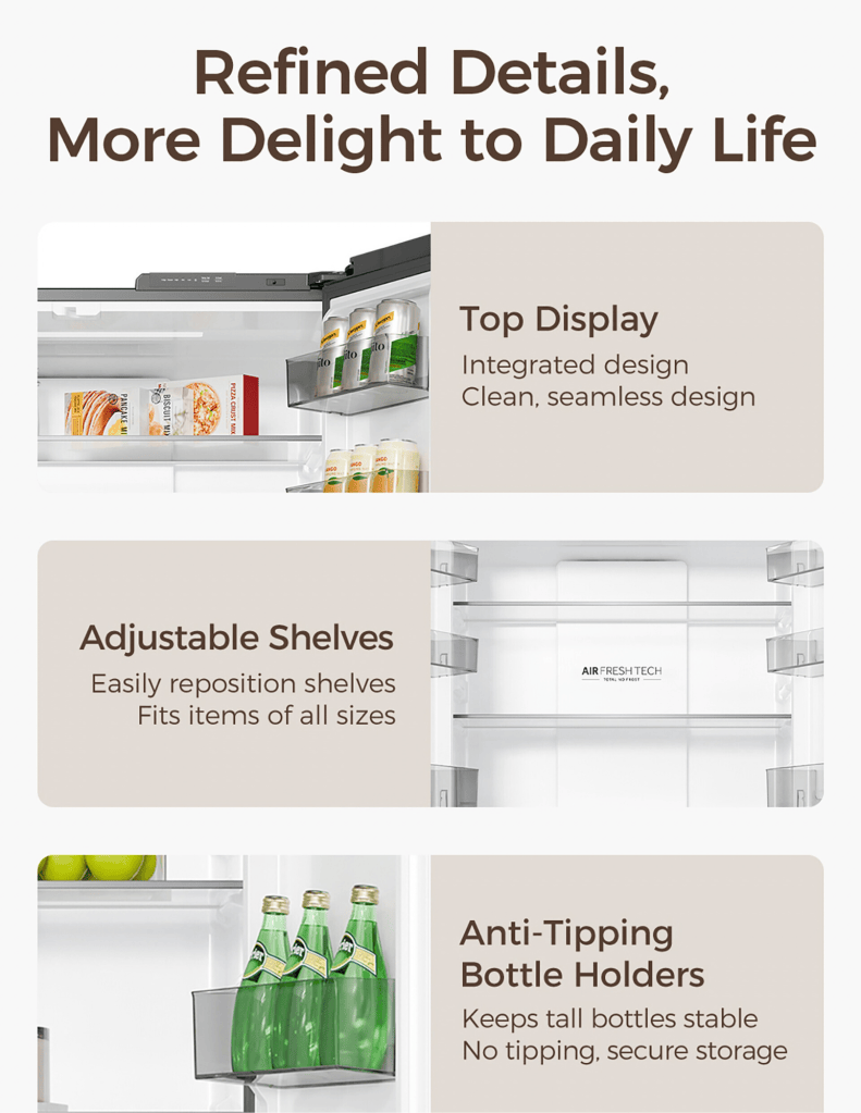 Close up of Haier 610L Multidoor Refrigerator top display, adjustable shelves, anti tipping bottle holder