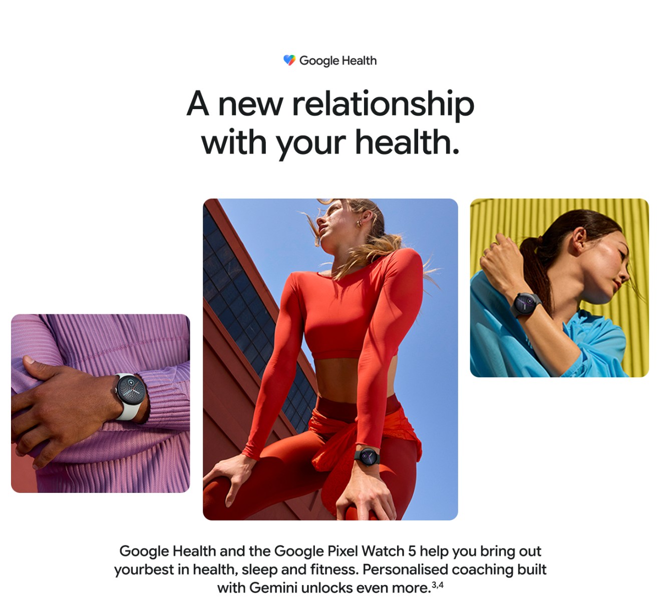 Three people wearing Google Pixel Watch 5 smartwatches, highlighting Google Health, fitness tracking and personalised coaching.