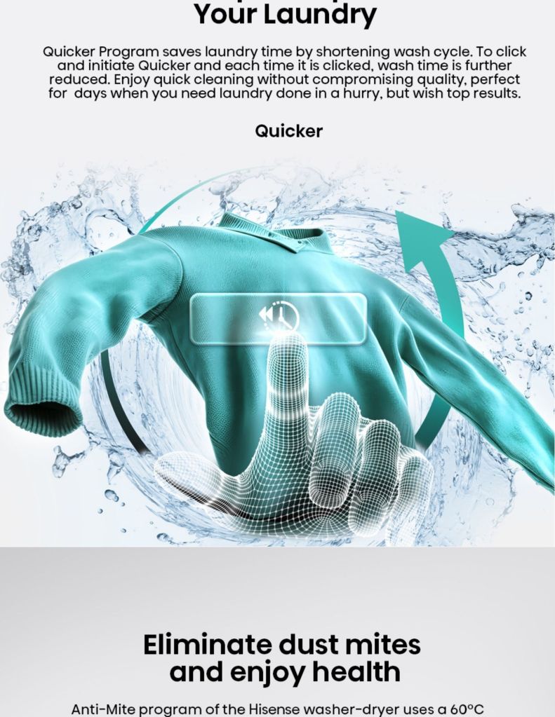 Close up of Hisense 9KG Front Load Washer 6KG Dryer quicker program