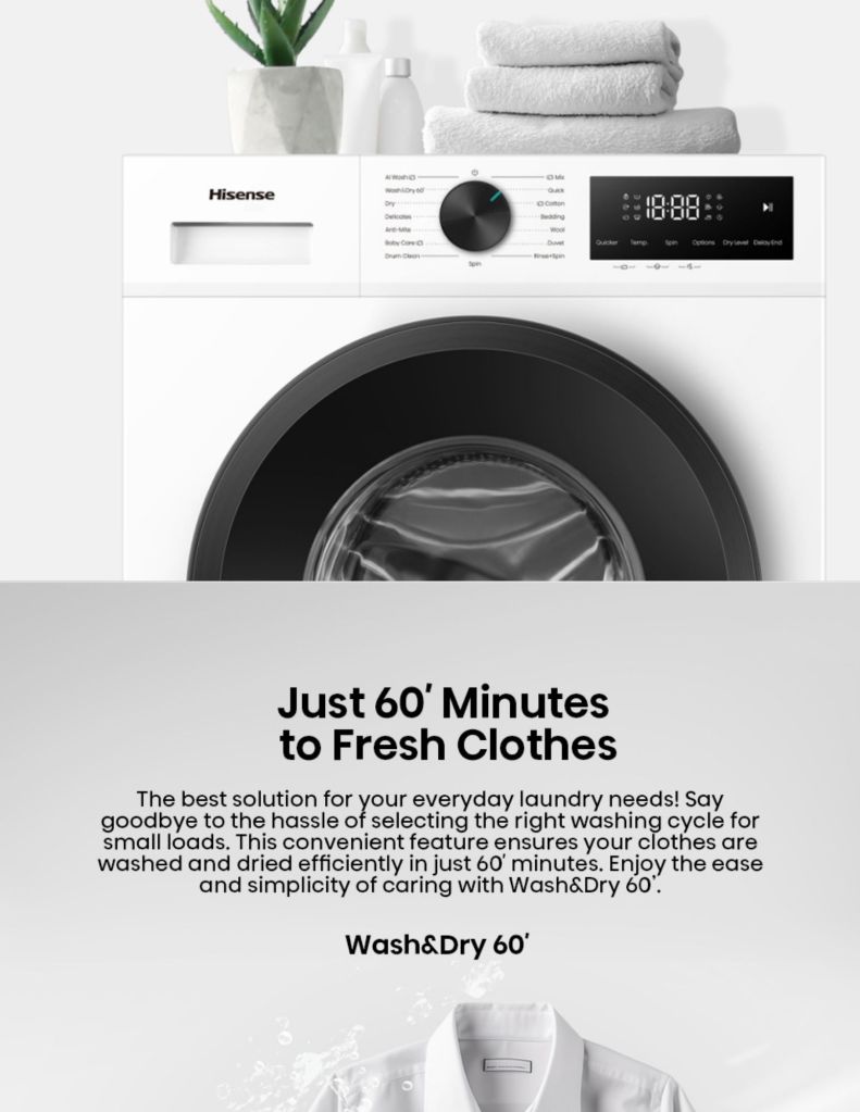 Close up of Hisense 9KG Front Load Washer 6KG Dryer 15 different washing program and 60 minutes wash and dry