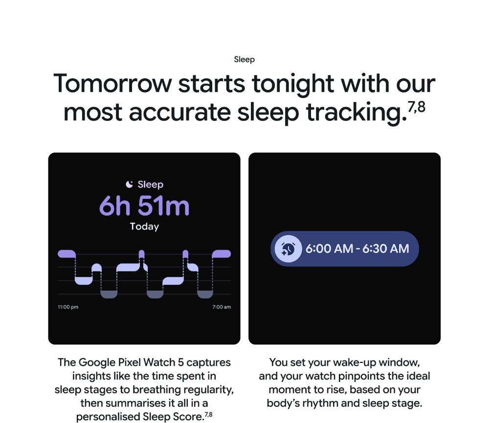 Google Pixel Watch 5 sleep tracking features showing sleep stages, personalised Sleep Score and smart wake-up window.