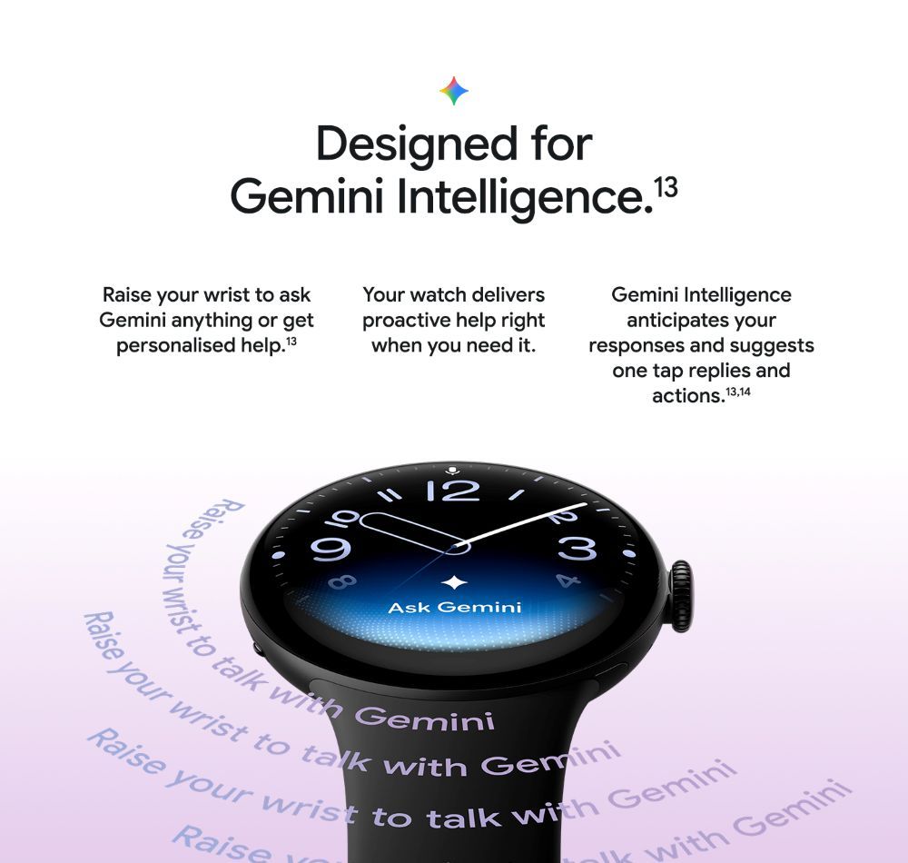 Google Pixel Watch 5 displaying Ask Gemini, with raise-to-talk functionality and AI-powered personalised assistance.