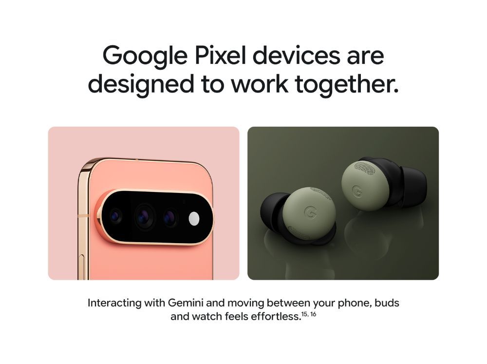 Google Pixel devices featuring a Pixel smartphone and Pixel Buds, highlighting seamless connectivity with Google Pixel Watch 5.