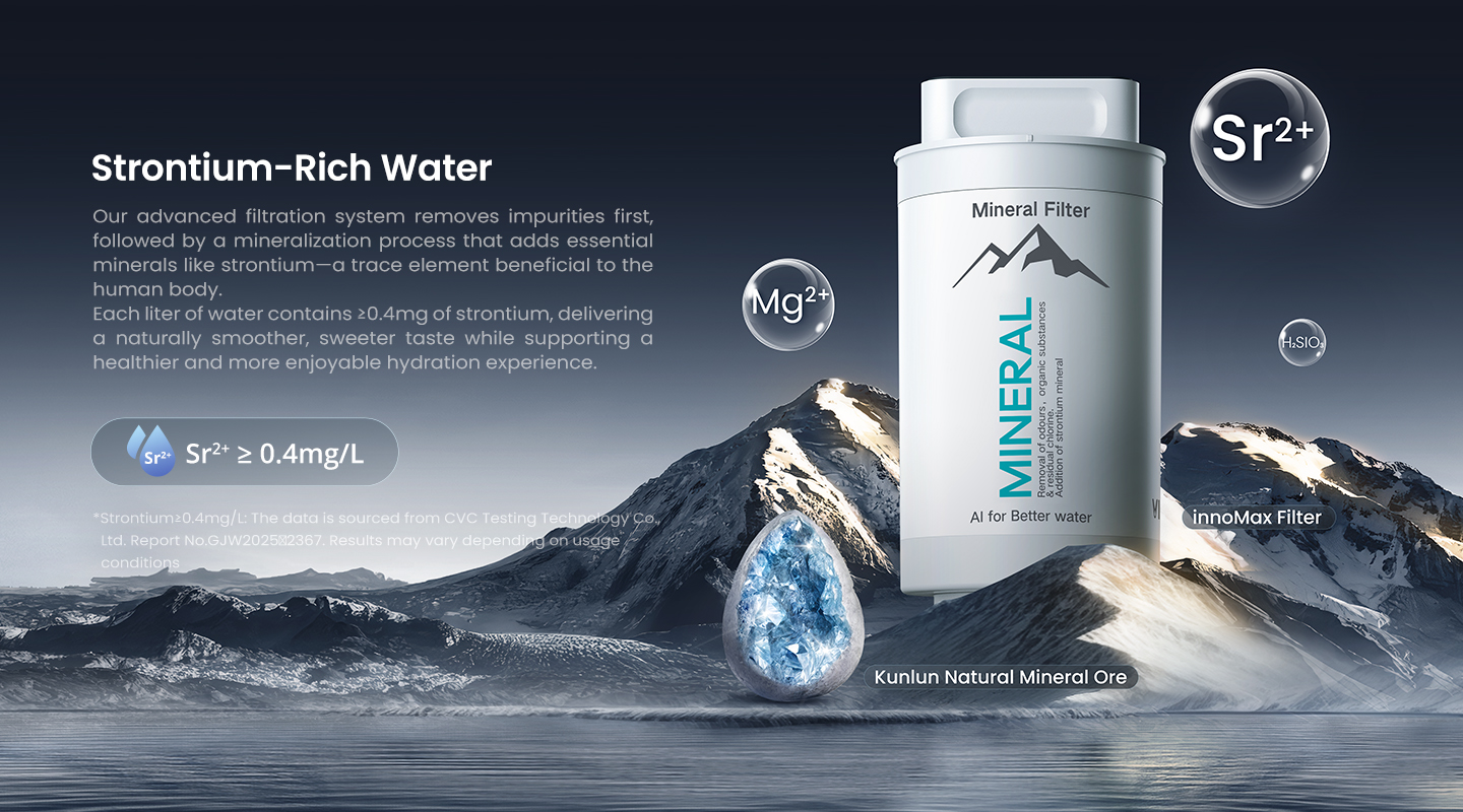 Strontium-Rich Water. Our advanced filtration system removes impurities first, followed by a mineralisation process that adds essential minerals like strontium. The recommended daily intake of strontium is ≥0.4mg of strontium, delivering a healthier and smoother, sweeter taste while supporting a more reliable hydration experience.