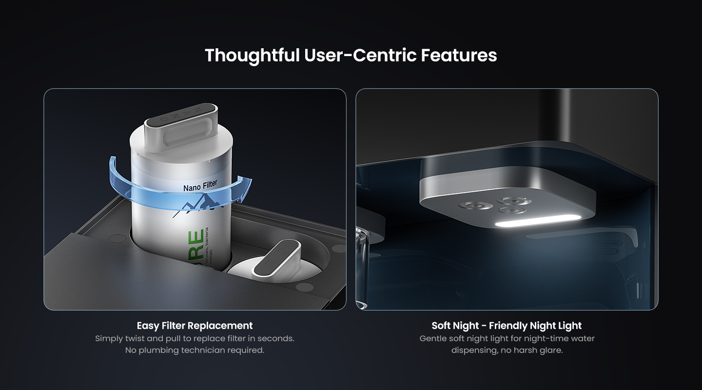 Thoughtful User-Centric Features: Easy Filter Replacement, Simply pull out filter in seconds, No plumbing technician required. Soft Night-Friendly Night Light