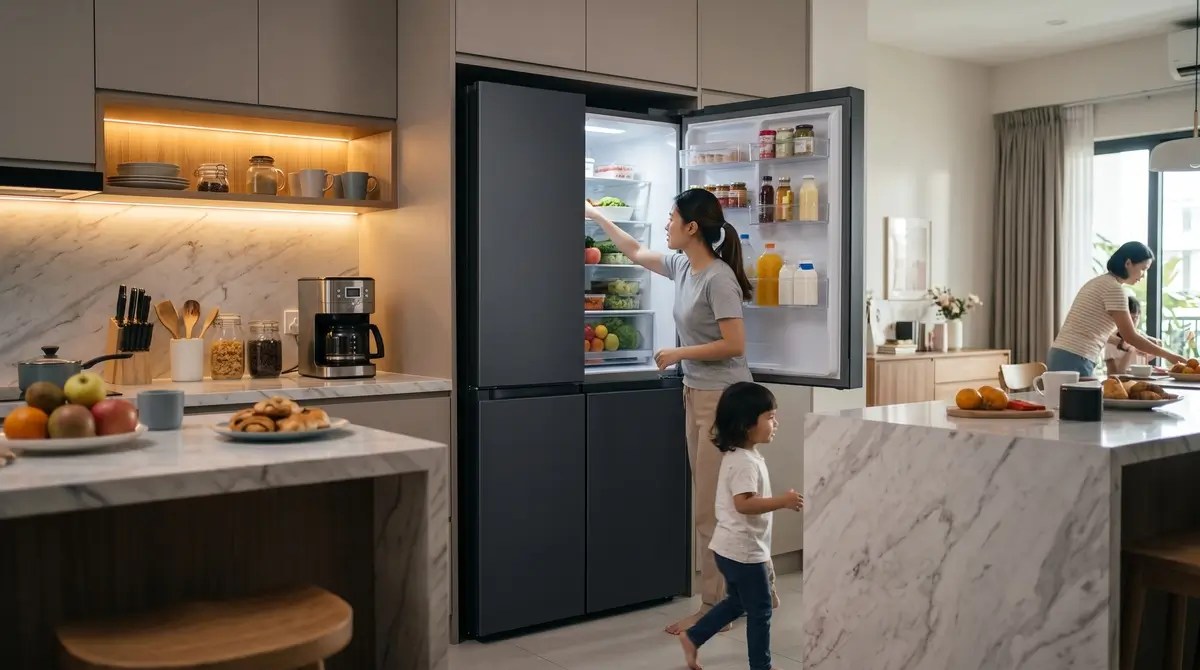 Sleek 580L multi-door refrigerator installed completely flush into modern kitchen cabinetry with zero side gaps in a family home.