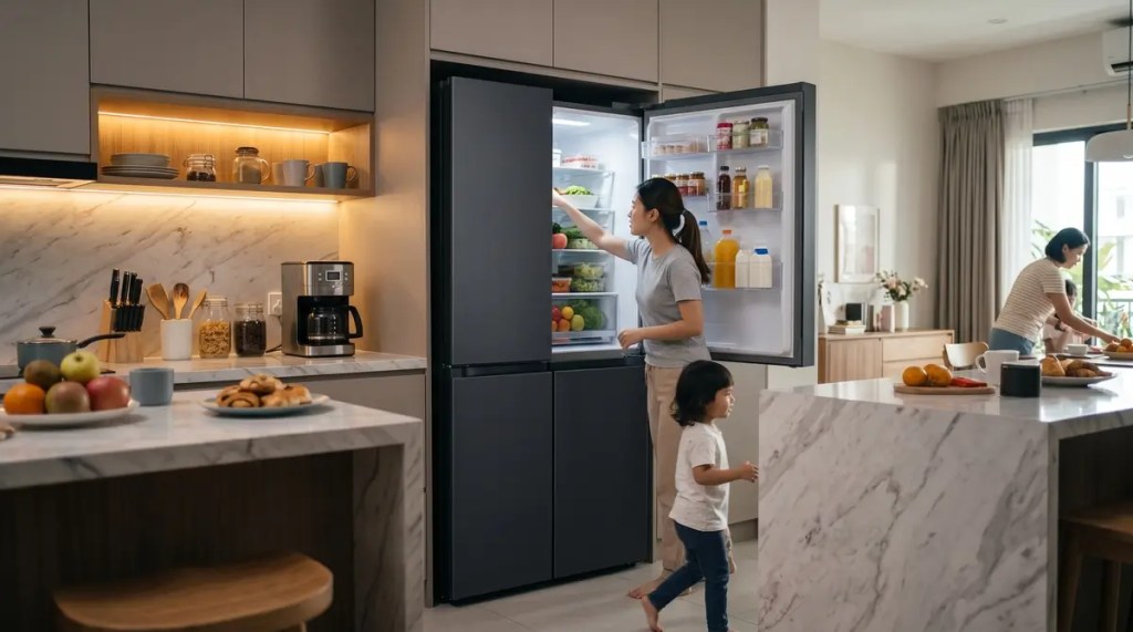Sleek 580L multi-door refrigerator installed completely flush into modern kitchen cabinetry with zero side gaps in a family home.