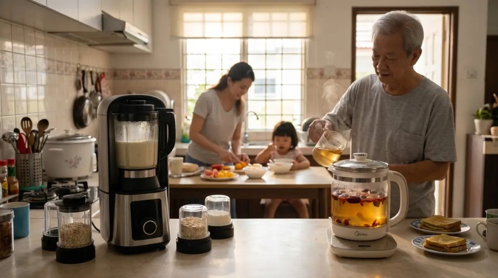 Quiet morning family kitchen scene featuring a multi-attachment blender and a glass health pot brewing herbal tea on the countertop while a multi-generational family enjoys breakfast.