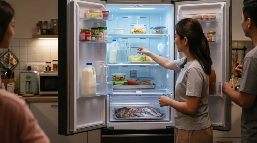 Modern multi-door refrigerator with fresh seafood safely isolated in a dedicated bottom chiller drawer while fruits and milk stay fresh on upper shelves without odor transfer.