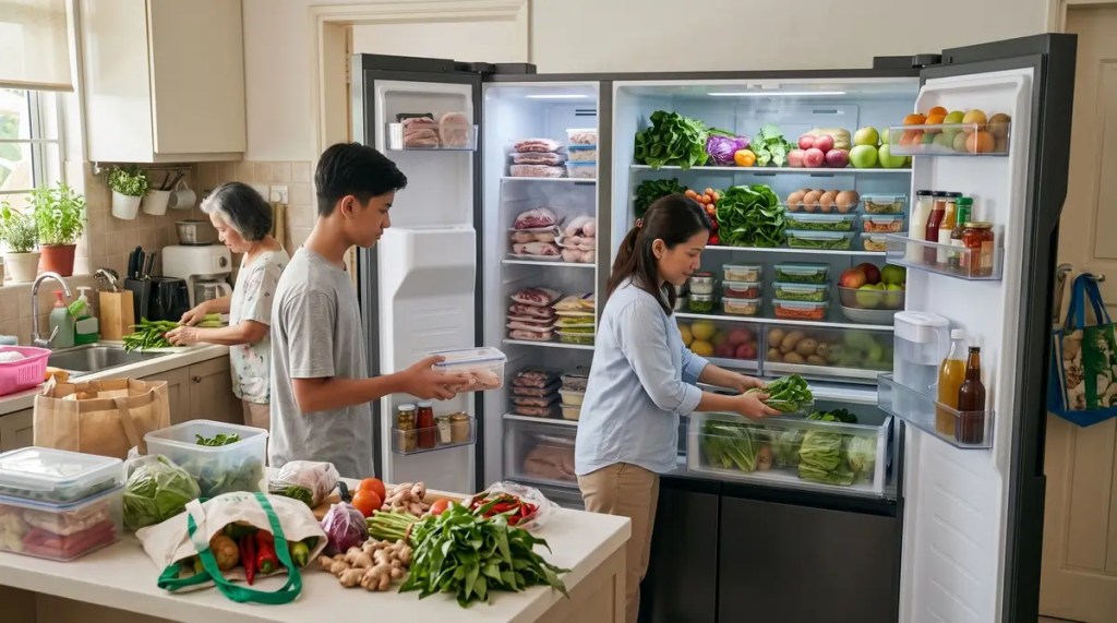 A Malaysian family organizing a giant open 800L side-by-side refrigerator, packing it with fresh vegetables, poultry, and market finds in a natural, busy home kitchen.