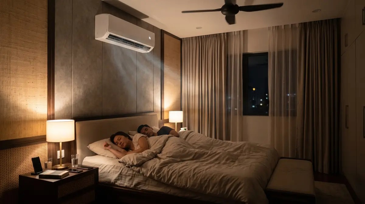 Couple sleeping peacefully in a comfortable, dimly lit master bedroom cooled gently by a modern wall-mounted inverter air conditioner.