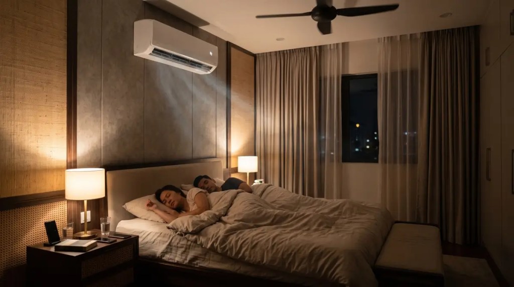 Couple sleeping peacefully in a comfortable, dimly lit master bedroom cooled gently by a modern wall-mounted inverter air conditioner.