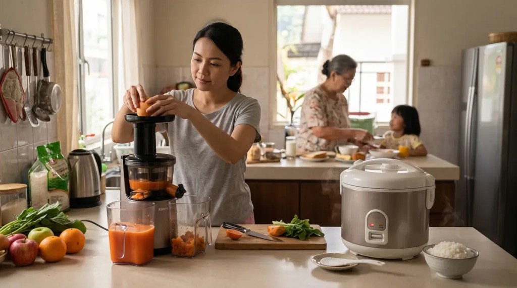 Alt Text:Mother pressing fresh whole fruit in a slow juicer on a kitchen counter next to a steaming jar rice cooker while her family sits in the background.