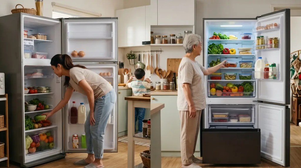 Side-by-side ergonomic comparison showing a woman bending down to reach the crisper in a top-freezer refrigerator versus an elderly person comfortably reaching eye-level fresh produce in a bottom-freezer refrigerator.